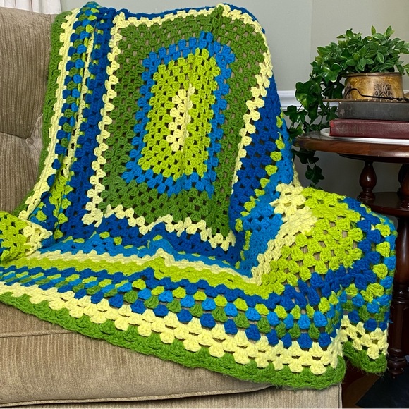 Vintage Other - Vintage Green And Blue Square Handmade Afghan